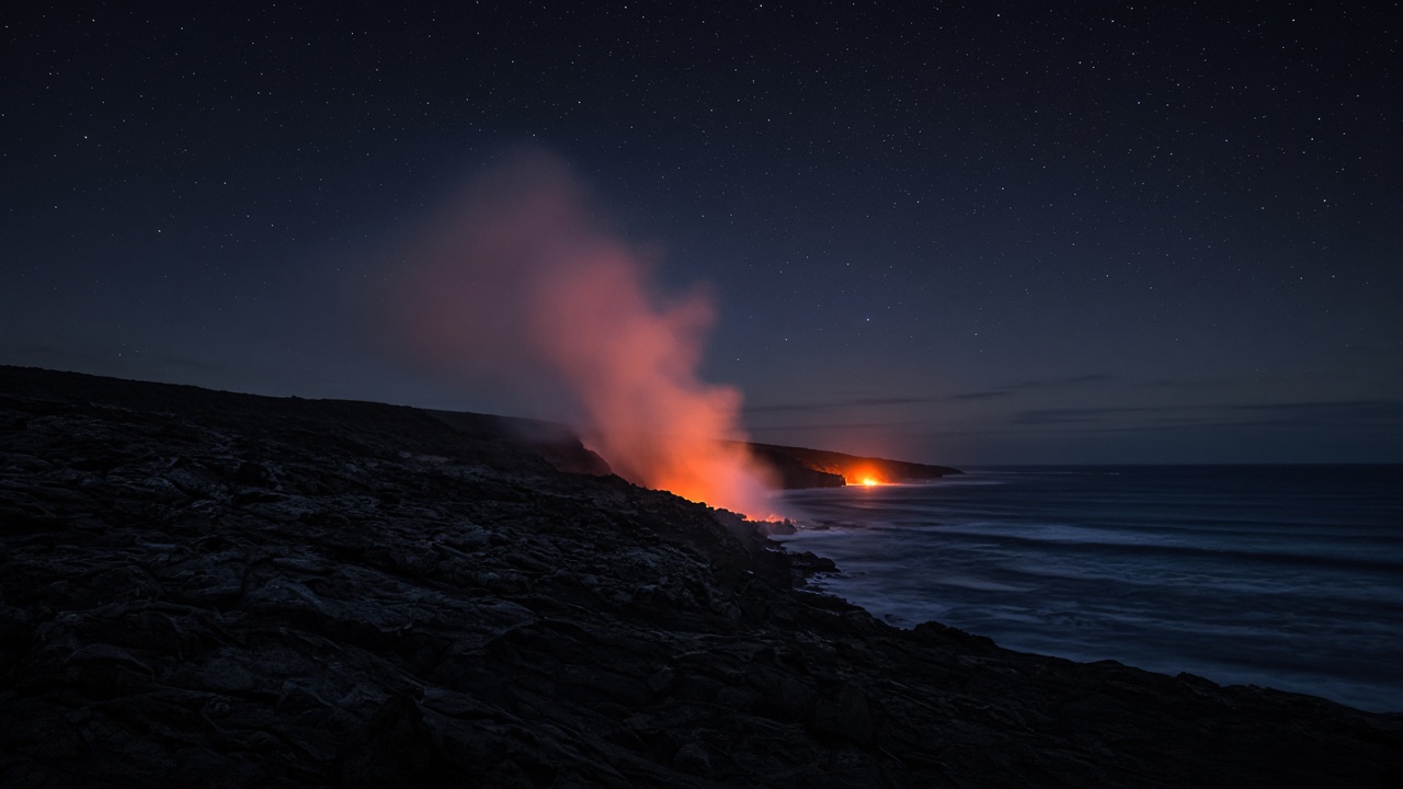 Moonless night at Hawaii Volcanoes: steam plume and lava glow over black coastline, no people