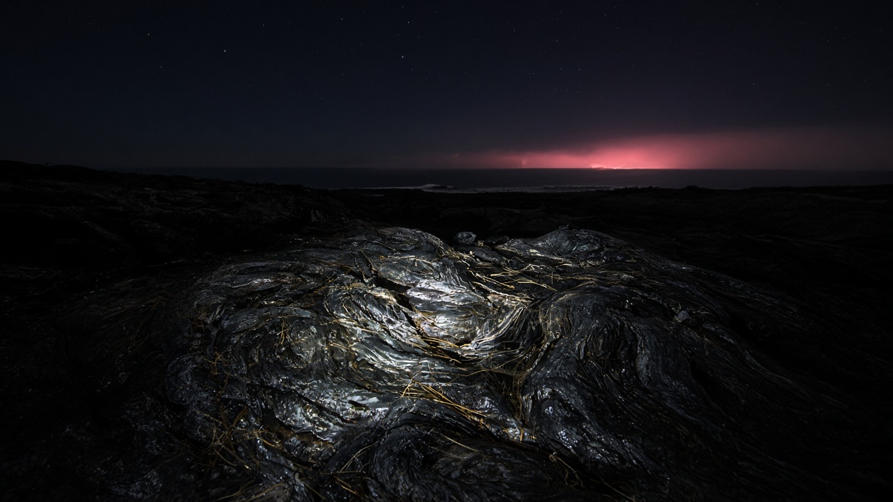 Twisted pāhoehoe under a cold beam on a moonless lava field, distant coastal glow